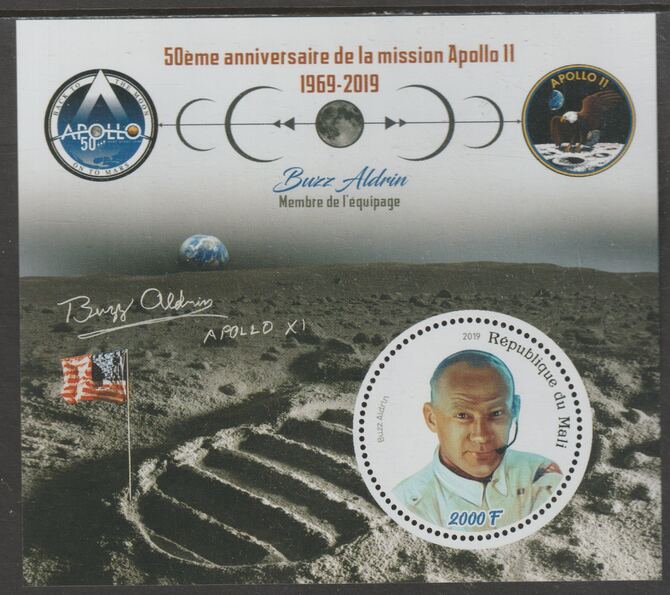 Mali 2019 50th Anniversary of the Apollo 11 Mission perf sheet #2 Buzz Aldrin containing one circular value unmounted mint, stamps on space, stamps on apollo, stamps on man on the moon, stamps on rockets