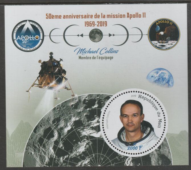 Mali 2019 50th Anniversary of the Apollo 11 Mission perf sheet #3 Michael Collins containing one circular value unmounted mint, stamps on , stamps on  stamps on space, stamps on  stamps on apollo, stamps on  stamps on man on the moon, stamps on  stamps on rockets