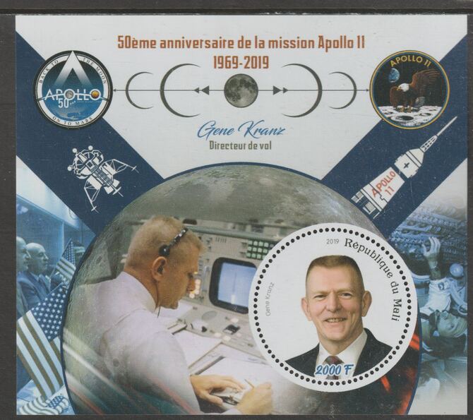 Mali 2019 50th Anniversary of the Apollo 11 Mission perf sheet #4 Gene Kranz containing one circular value unmounted mint, stamps on space, stamps on apollo, stamps on man on the moon, stamps on rockets, stamps on computers