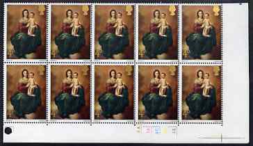 Great Britain 1967 Christmas 4d (Murillo) corner cyl block of 10 with gold shifted upwards affecting the Head, value & Cyl 2A unmounted mint (mounted on margins) SG 757va..., stamps on christmas, stamps on arts