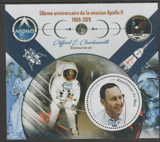 Mali 2019 50th Anniversary of the Apollo 11 Mission perf sheet #5 Clifford Charlesworth containing one circular value unmounted mint, stamps on space, stamps on apollo, stamps on man on the moon, stamps on rockets