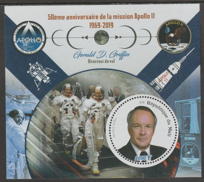 Mali 2019 50th Anniversary of the Apollo 11 Mission perf sheet #6 Gerald D Griffin containing one circular value unmounted mint, stamps on space, stamps on apollo, stamps on man on the moon, stamps on rockets