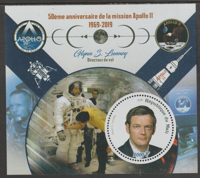 Mali 2019 50th Anniversary of the Apollo 11 Mission perf sheet #7 Glynn S Lunney containing one circular value unmounted mint, stamps on space, stamps on apollo, stamps on man on the moon, stamps on rockets