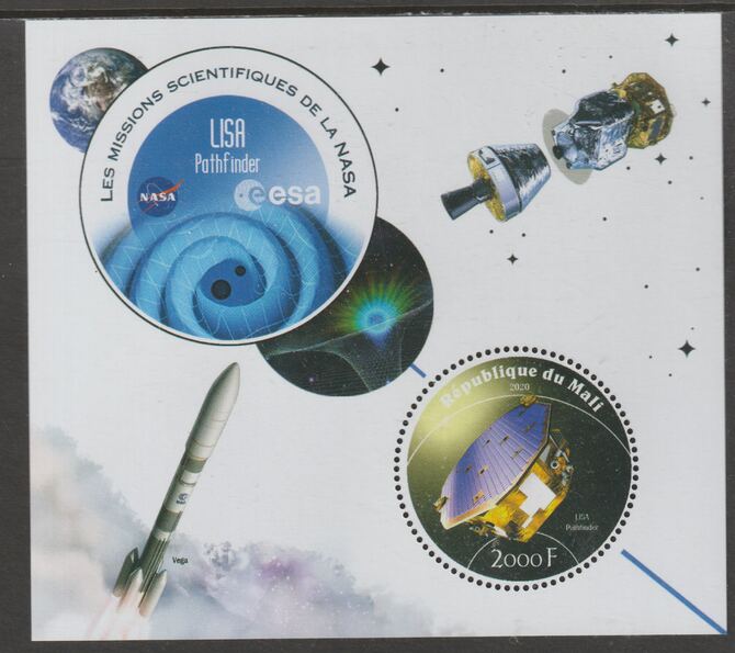 Mali 2020 NASA Scientific Space Missions - LISA perf sheet containing one circular value unmounted mint, stamps on space, stamps on nasa, stamps on telescopes, stamps on 