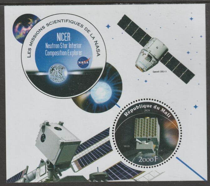 Mali 2020 NASA Scientific Space Missions - NICER perf sheet containing one circular value unmounted mint, stamps on space, stamps on nasa, stamps on telescopes, stamps on 