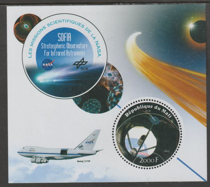 Mali 2020 NASA Scientific Space Missions - SOFIA perf sheet containing one circular value unmounted mint, stamps on space, stamps on nasa, stamps on telescopes, stamps on 