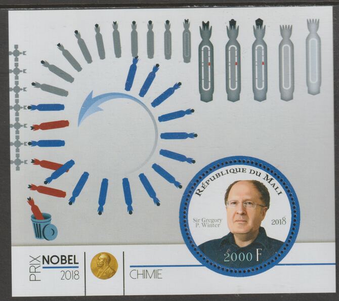 Mali 2018 Nobel Prize for Chemistry - Sir Gregory Winter perf sheet containing one circular value unmounted mint, stamps on personalities, stamps on nobel, stamps on shaped, stamps on chemistry