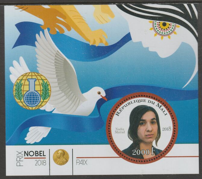 Mali 2018 Nobel Prize for Peace - Nadia Murad perf sheet containing one circular value unmounted mint, stamps on , stamps on  stamps on personalities, stamps on  stamps on nobel, stamps on  stamps on shaped, stamps on  stamps on peace