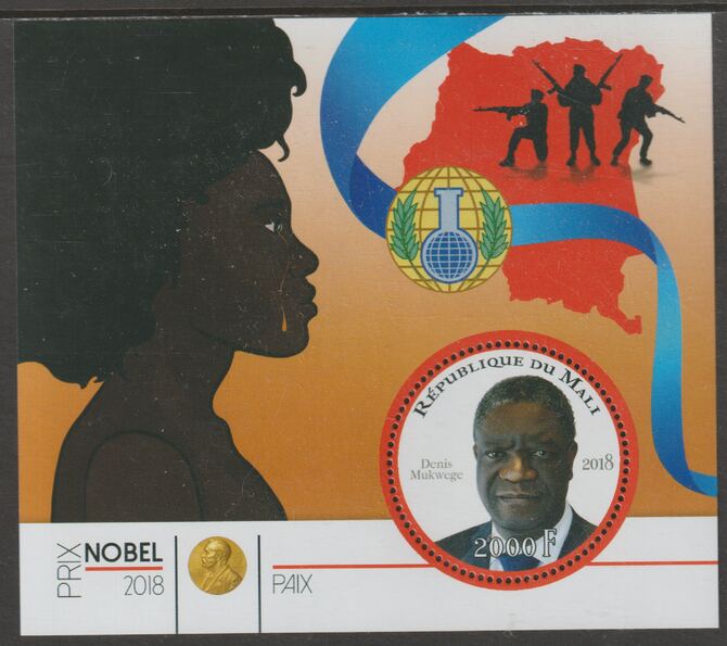 Mali 2018 Nobel Prize for Peace - Denis Mukwege perf sheet containing one circular value unmounted mint, stamps on personalities, stamps on nobel, stamps on shaped, stamps on peace