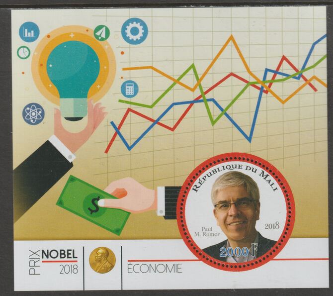 Mali 2018 Nobel Prize for Economics - Paul M Romer perf sheet containing one circular value unmounted mint, stamps on personalities, stamps on nobel, stamps on shaped, stamps on economics