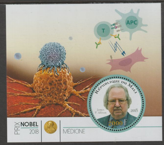 Mali 2018 Nobel Prize for Medicine - James P Allison perf sheet containing one circular value unmounted mint, stamps on , stamps on  stamps on personalities, stamps on  stamps on nobel, stamps on  stamps on shaped, stamps on  stamps on medical