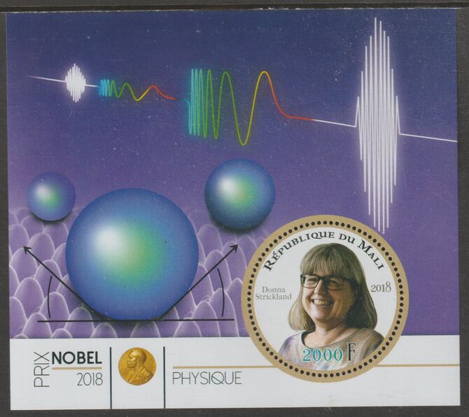 Mali 2018 Nobel Prize for Physics - Donna Strickland perf sheet containing one circular value unmounted mint, stamps on personalities, stamps on nobel, stamps on shaped, stamps on physics