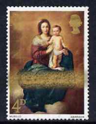 Great Britain 1967 Christmas 4d (Murillo) single with massive horiz smudging of gold unmounted mint SG 757var, stamps on christmas, stamps on arts