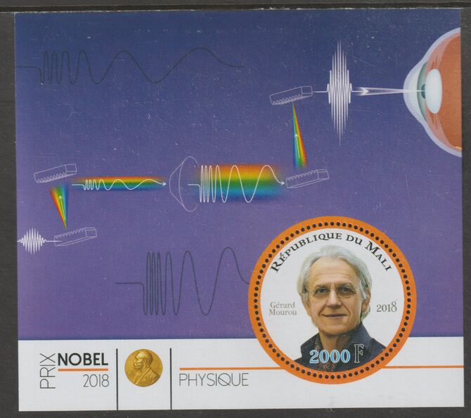 Mali 2018 Nobel Prize for Physics - Gerard Mourou perf sheet containing one circular value unmounted mint, stamps on personalities, stamps on nobel, stamps on shaped, stamps on physics