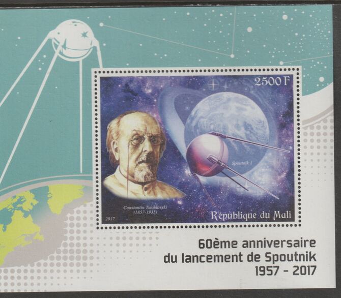 Mali 2017 Sputnik - 60th Anniversary perf m/sheet containing one value unmounted mint, stamps on , stamps on  stamps on space, stamps on  stamps on sputnik