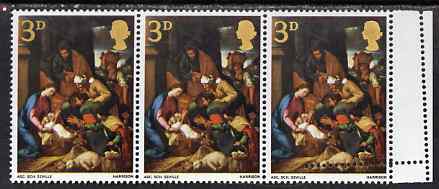Great Britain 1967 Christmas 3d (Adoration by School of Seville) marginal strip of 3 with double strike of perf comb at right unmounted mint SG 756var, stamps on , stamps on  stamps on christmas, stamps on  stamps on arts