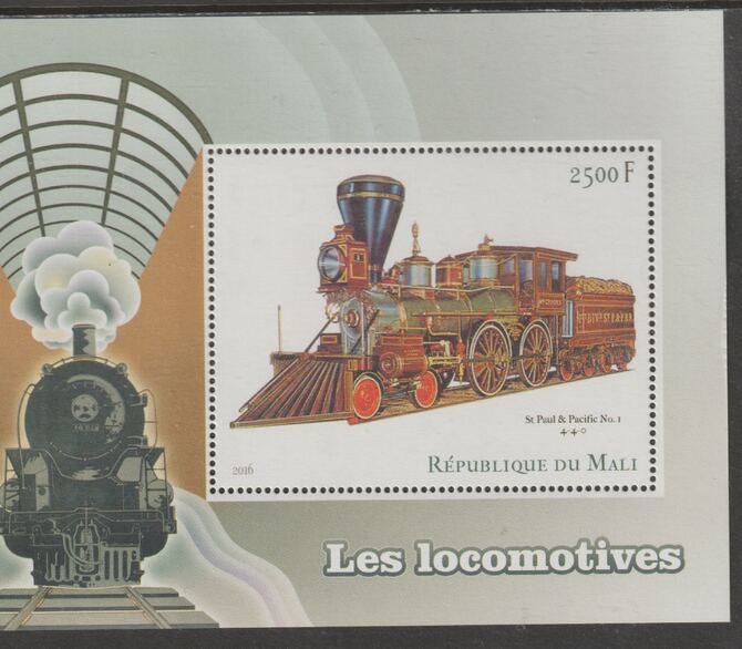 Mali 2016 Steam Locomotives perf m/sheet containing one value unmounted mint, stamps on , stamps on  stamps on railways