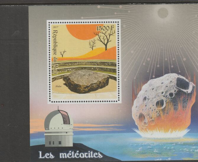 Mali 2017 Meteorites perf m/sheet containing one value unmounted mint, stamps on , stamps on  stamps on meteorites, stamps on  stamps on space, stamps on  stamps on telescopes