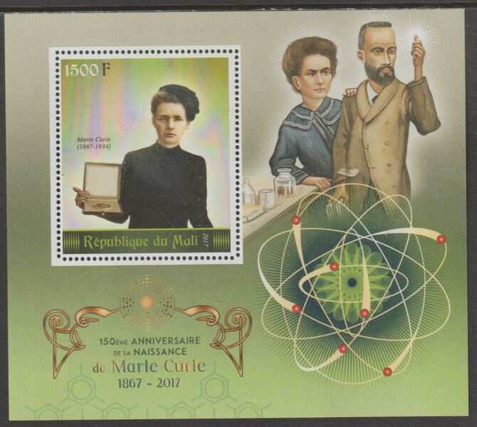 Mali 2017 Marie Curie - 150th Birth Anniversary perf m/sheet containing one value unmounted mint, stamps on , stamps on  stamps on personalities, stamps on  stamps on medical, stamps on  stamps on science, stamps on  stamps on 