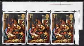 Great Britain 1967 Christmas 3d (Adoration by School of Seville) corner strip of 3 with double strike of perf comb at right unmounted mint SG 756var, stamps on christmas, stamps on arts