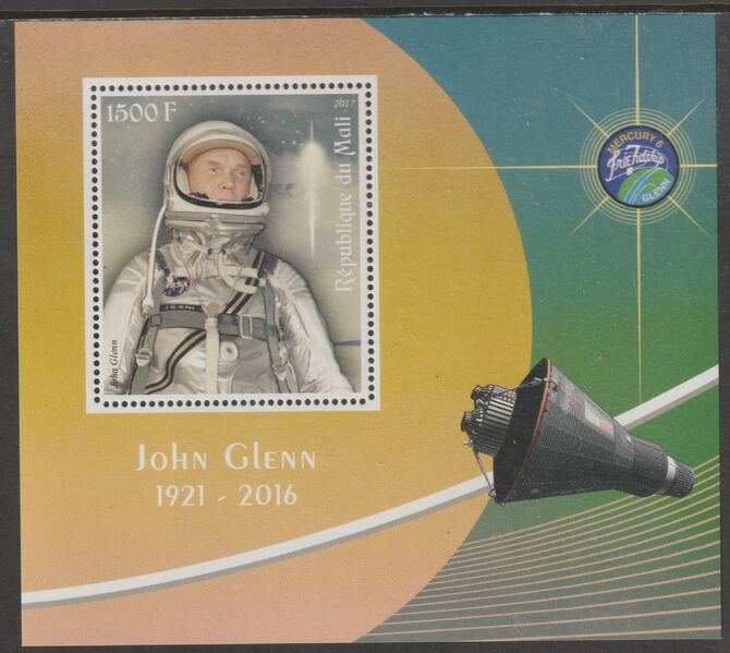 Mali 2017 John Glenn perf m/sheet containing one value unmounted mint, stamps on personalities, stamps on space, stamps on glenn