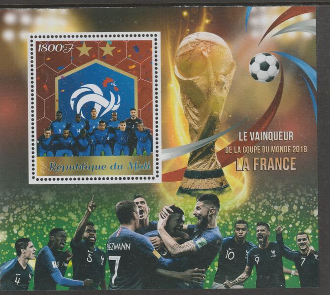Mali 2018 Football World Cup Winners - France perf m/sheet containing one value unmounted mint, stamps on football