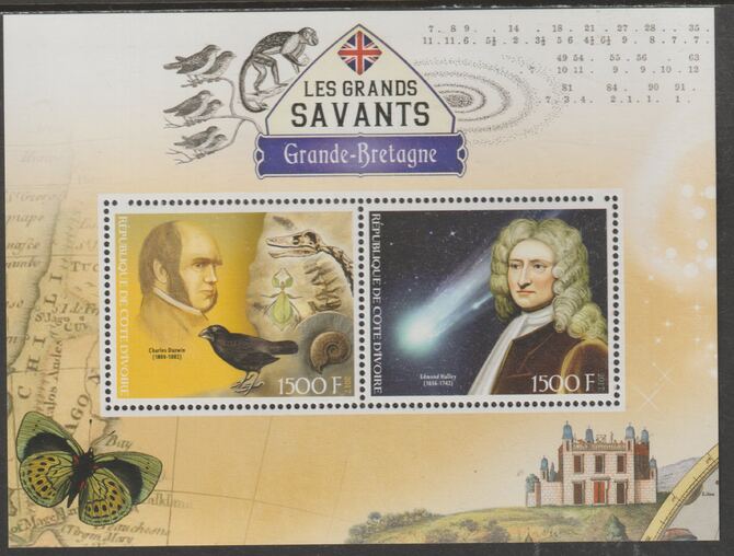 Ivory Coast 2017 Great Scholars of Great Britain #2 - Darwin & Halley perf sheet containing two values unmounted mint, stamps on personalities, stamps on science, stamps on animals, stamps on space, stamps on comets