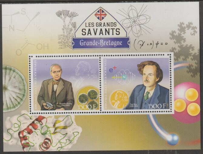 Ivory Coast 2017 Great Scholars of Great Britain #3 - Fleming & Dirac perf sheet containing two values unmounted mint, stamps on personalities, stamps on science, stamps on physics, stamps on medical