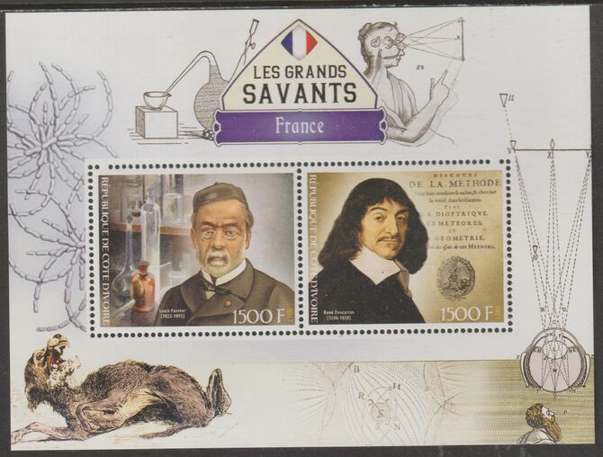 Ivory Coast 2017 Great Scholars of France #1 - Pasteur & Descartes perf sheet containing two values unmounted mint, stamps on personalities, stamps on science, stamps on physics, stamps on medical, stamps on mathematics