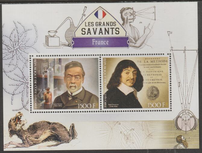 Ivory Coast 2017 Great Scholars of France #1 - Pasteur & Descartes perf sheet containing two values unmounted mint, stamps on , stamps on  stamps on personalities, stamps on  stamps on science, stamps on  stamps on physics, stamps on  stamps on medical, stamps on  stamps on mathematics