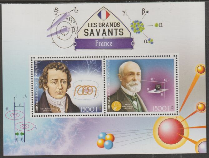 Ivory Coast 2017 Great Scholars of France #2 - Andre-Marie Ampere & Antoine Henri Becquerel perf sheet containing two values unmounted mint, stamps on personalities, stamps on science, stamps on physics, stamps on nobel, stamps on mathematics, stamps on electricity