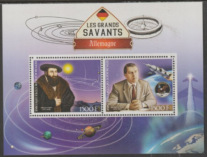 Ivory Coast 2017 Great Scholars of Germany #3 Johannes Kepler & Von Braun perf sheet containing two values unmounted mint, stamps on , stamps on  stamps on personalities, stamps on  stamps on science, stamps on  stamps on physics, stamps on  stamps on space, stamps on  stamps on rockets