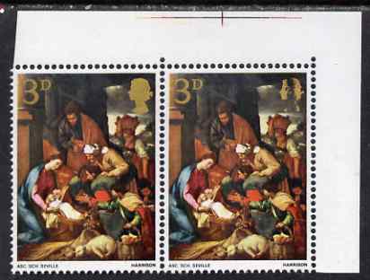 Great Britain 1967 Christmas 3d (Adoration by School of Seville) corner pair with dry print of gold (Queen's Head partly missing on one) unmounted mint SG 756var, stamps on , stamps on  stamps on christmas, stamps on  stamps on arts