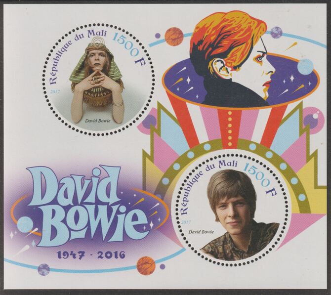 Mali 2017 David Bowie perf sheet containing two circular values unmounted mint, stamps on , stamps on  stamps on personalities, stamps on  stamps on music, stamps on  stamps on pops, stamps on  stamps on bowie, stamps on  stamps on shaped, stamps on  stamps on 