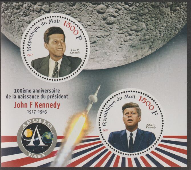 Mali 2017 John F Kennedy Birth Centenary perf sheet containing two circular values unmounted mint, stamps on , stamps on  stamps on constitutions, stamps on  stamps on personalities, stamps on  stamps on us presidents, stamps on  stamps on kennedy, stamps on  stamps on shaped, stamps on  stamps on 