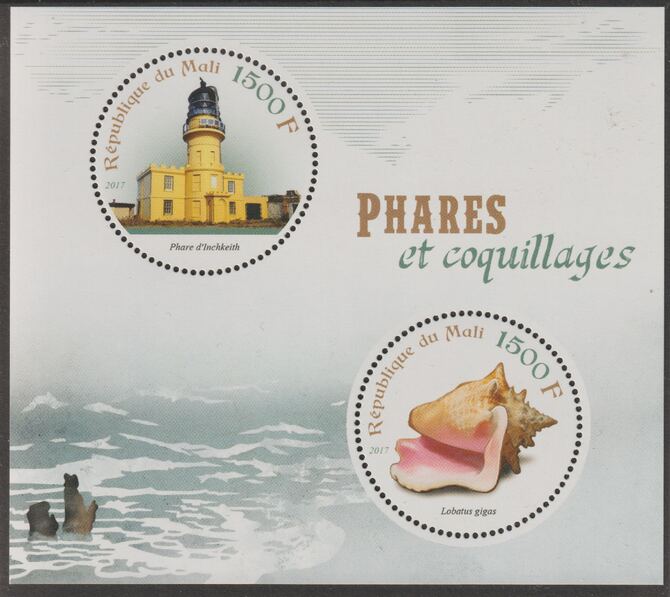 Mali 2017 Lighthouses & Shells perf sheet containing two circular values unmounted mint, stamps on lighthouses, stamps on shells, stamps on marine life, stamps on , stamps on shaped, stamps on 