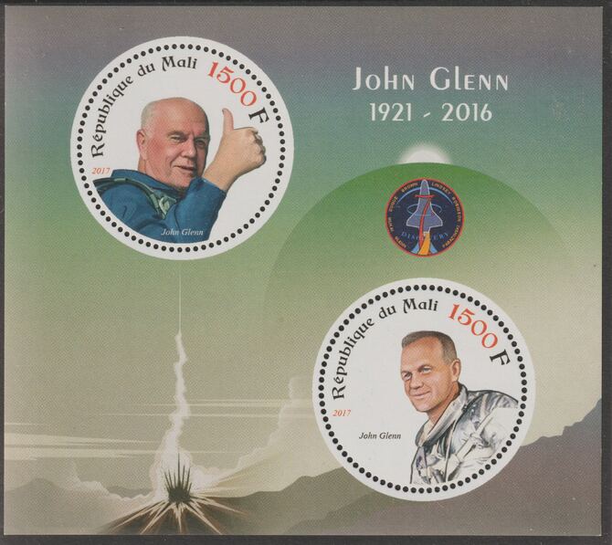 Mali 2017 John Glenn perf sheet containing two circular values unmounted mint, stamps on , stamps on  stamps on personalities, stamps on  stamps on space, stamps on  stamps on glenn, stamps on  stamps on shaped, stamps on  stamps on 