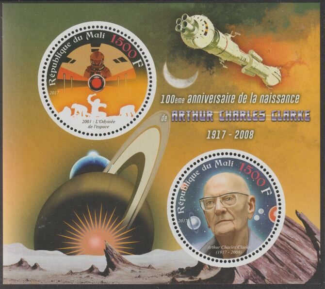 Mali 2017 Arthur C Clarke perf sheet containing two circular values unmounted mint, stamps on personalities, stamps on space, stamps on shaped, stamps on 