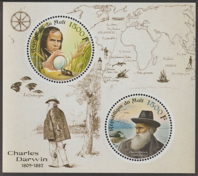 Mali 2017 Charles Darwin perf sheet containing two circular values unmounted mint, stamps on , stamps on  stamps on personalities, stamps on  stamps on darwin, stamps on  stamps on maps, stamps on  stamps on shaped, stamps on  stamps on 