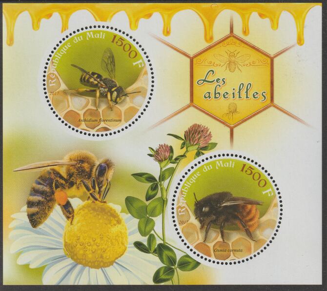 Mali 2017 Bees perf sheet containing two circular values unmounted mint, stamps on , stamps on  stamps on insects, stamps on  stamps on bees, stamps on  stamps on shaped, stamps on  stamps on 