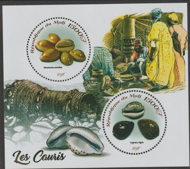 Mali 2018 Cowrie Shells perf sheet containing two circular values unmounted mint, stamps on shaped, stamps on marine life, stamps on shells