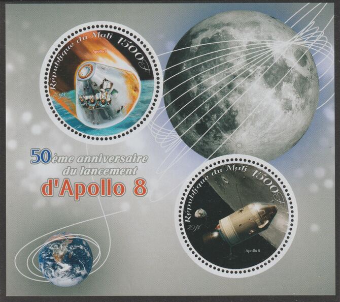Mali 2018 Apollo 8 - 50th Anniversary perf sheet containing two circular values unmounted mint, stamps on shaped, stamps on space, stamps on apollo