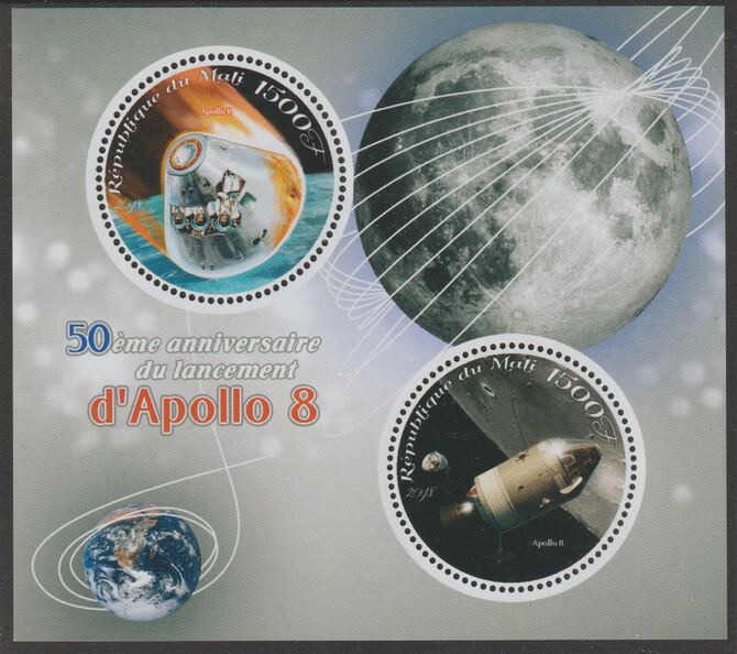 Mali 2018 Apollo 8 - 50th Anniversary perf sheet containing two circular values unmounted mint, stamps on , stamps on  stamps on shaped, stamps on  stamps on space, stamps on  stamps on apollo