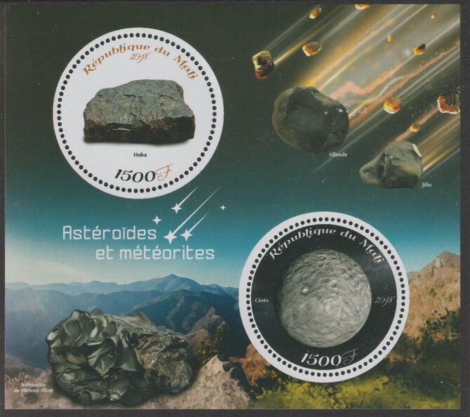 Mali 2018 Asteroids and Meteorites perf sheet containing two circular values unmounted mint, stamps on shaped, stamps on space, stamps on asteroids