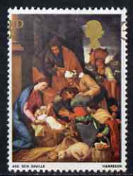 Great Britain 1967 Christmas 3d (Adoration by School of Seville) with gold misplaced (Queens Head towards centre & value split by perforations) unmounted mint but some di..., stamps on christmas, stamps on arts