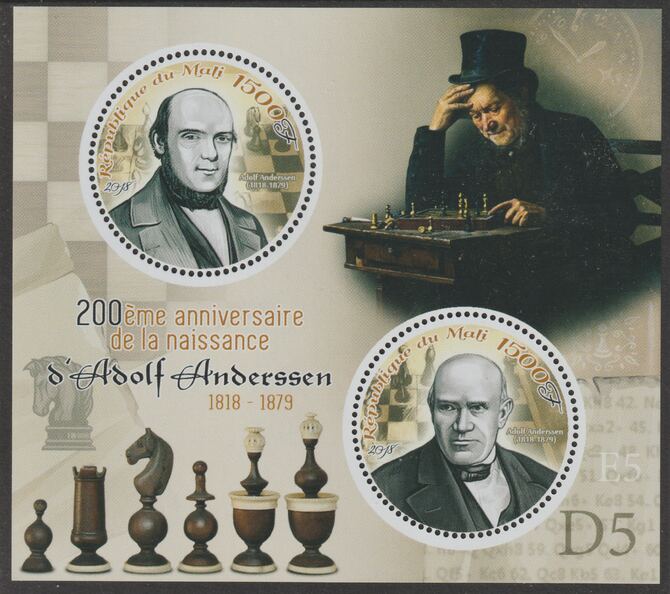 Mali 2018 Adolf Anderssen (Chess) - 200th Birth Anniversary perf sheet containing two circular values unmounted mint, stamps on , stamps on  stamps on shaped, stamps on  stamps on personalities, stamps on  stamps on chess