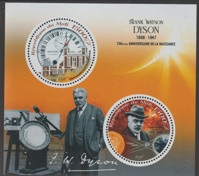 Mali 2018 Frank Watson Dyson - 150th Birth Anniversary perf sheet containing two circular values unmounted mint, stamps on shaped, stamps on personalities, stamps on astronomy, stamps on telescopes