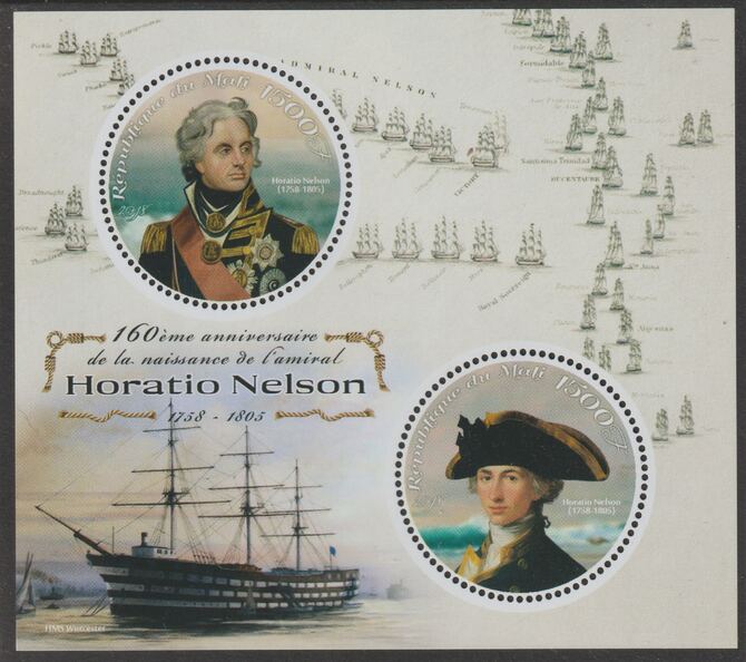 Mali 2018 Horatio Nelson perf sheet containing two circular values unmounted mint, stamps on shaped, stamps on personalities, stamps on nelson, stamps on ships, stamps on battles