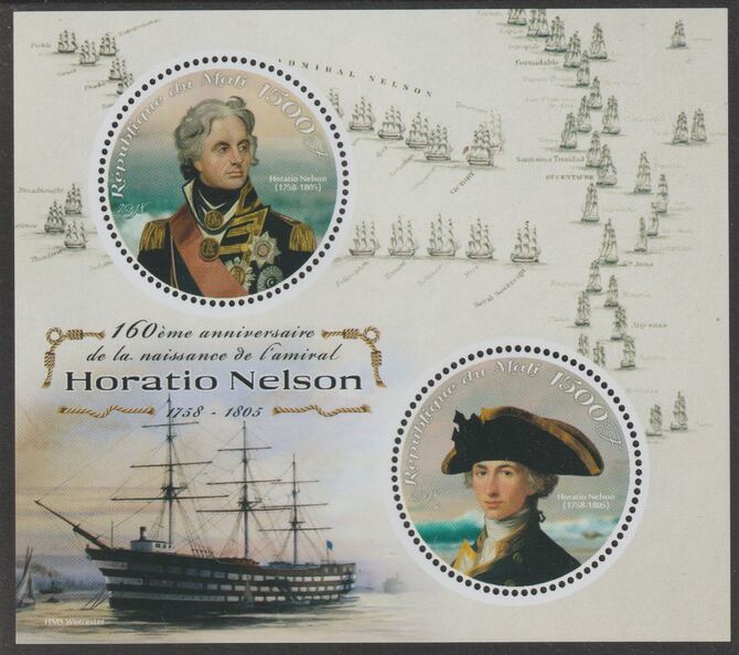 Mali 2018 Horatio Nelson perf sheet containing two circular values unmounted mint, stamps on , stamps on  stamps on shaped, stamps on  stamps on personalities, stamps on  stamps on nelson, stamps on  stamps on ships, stamps on  stamps on battles