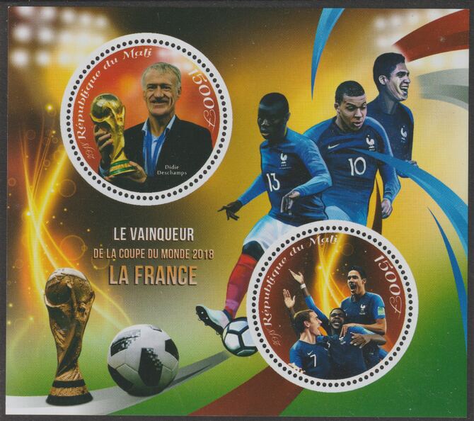 Mali 2018 Football World Cup Winners - France perf sheet containing two circular values unmounted mint, stamps on , stamps on  stamps on shaped, stamps on  stamps on football